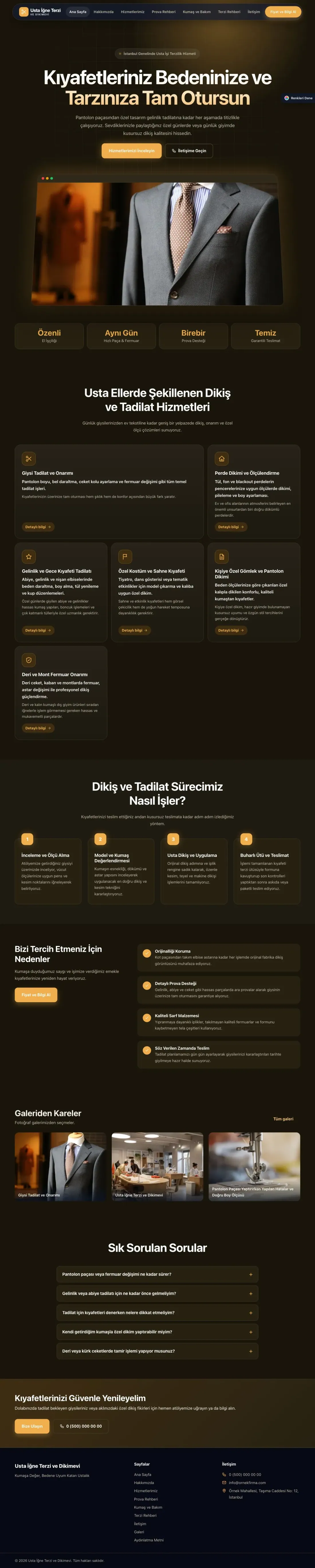 Terzi ve Tadilat için Koyu Modern Kahve Turuncu – Terzi ve Tadilat Web Sitesi ana sayfa görünümü