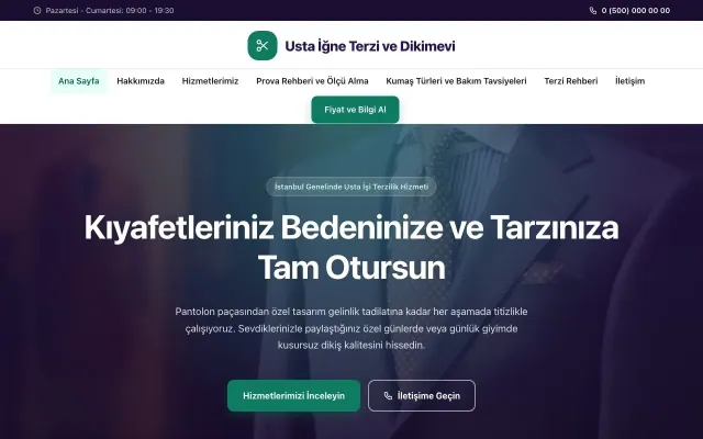 Terzi ve Tadilat için Merkez Mor Turkuaz – Terzi ve Tadilat Web Sitesi ana sayfa görünümü