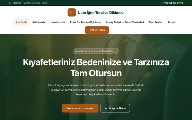 Terzi ve Tadilat için Merkez Yeşil Turuncu – Terzi ve Tadilat Web Sitesi ana sayfa görünümü