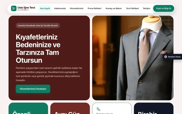 Terzi ve Tadilat için Mozaik Bordo Turkuaz – Terzi ve Tadilat Web Sitesi ana sayfa görünümü