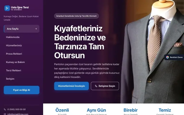 Terzi ve Tadilat için Sol Menü Mor Mavi – Terzi ve Tadilat Web Sitesi ana sayfa görünümü