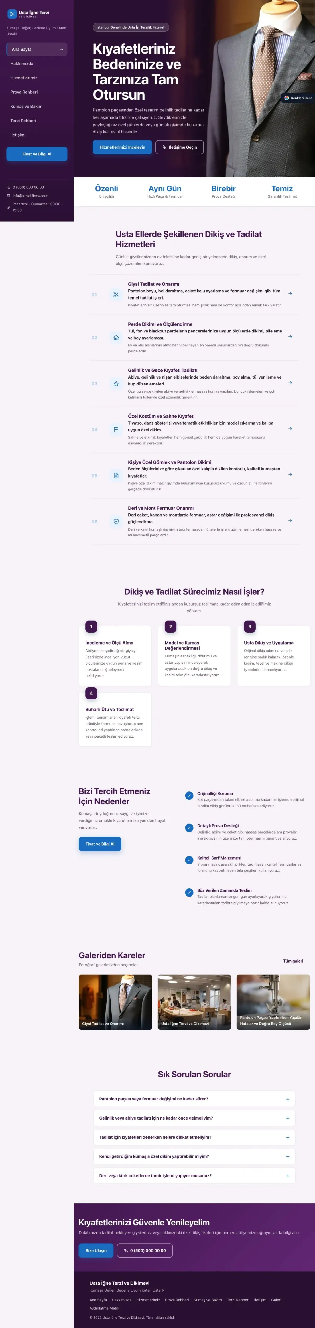 Terzi ve Tadilat için Sol Menü Mor Mavi – Terzi ve Tadilat Web Sitesi ana sayfa görünümü
