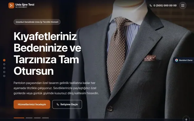 Terzi ve Tadilat için Tam Ekran Kahve Turuncu – Terzi ve Tadilat Web Sitesi ana sayfa görünümü