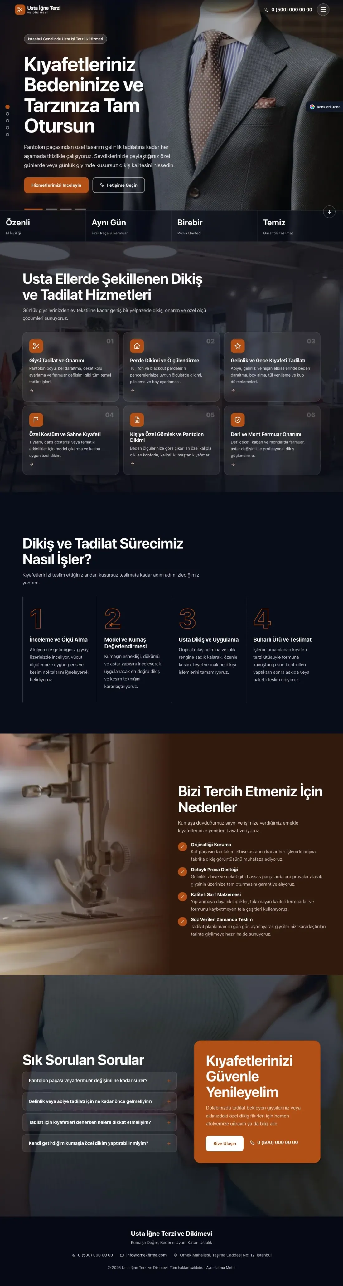 Terzi ve Tadilat için Tam Ekran Kahve Turuncu – Terzi ve Tadilat Web Sitesi ana sayfa görünümü