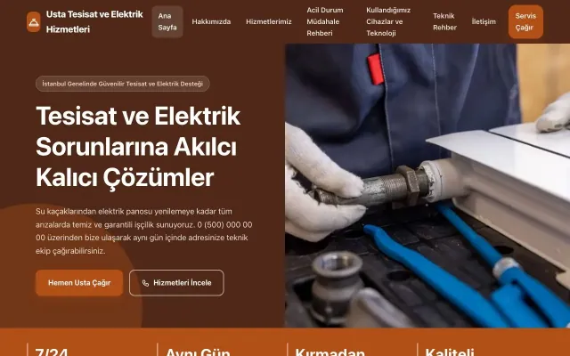 Tesisat ve Elektrik için Blok Kahve Turuncu – Tesisat ve Elektrik Web Sitesi ana sayfa görünümü