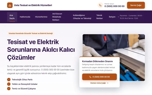 Tesisat ve Elektrik için Bölünmüş Mor Turuncu – Tesisat ve Elektrik Web Sitesi ana sayfa görünümü