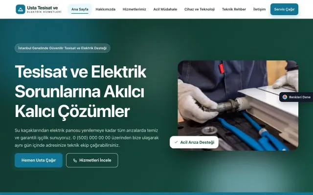 Tesisat ve Elektrik için Hareketli Petrol Turkuaz – Tesisat ve Elektrik Web Sitesi ana sayfa görünümü