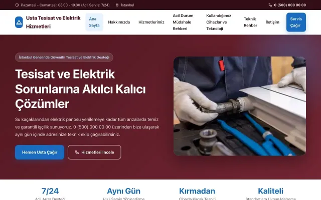 Tesisat ve Elektrik için Klasik Bordo Mavi – Tesisat ve Elektrik Web Sitesi ana sayfa görünümü