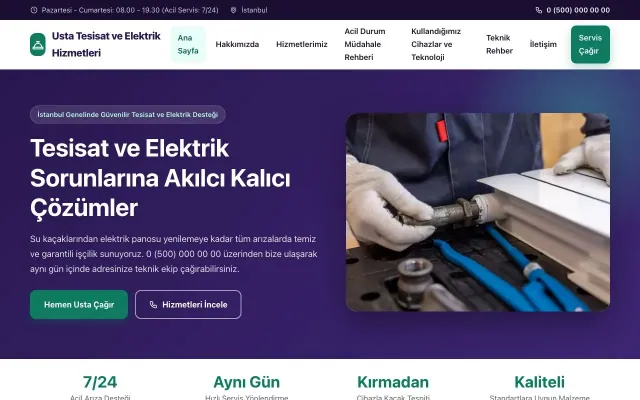 Tesisat ve Elektrik için Klasik Mor Turkuaz – Tesisat ve Elektrik Web Sitesi ana sayfa görünümü