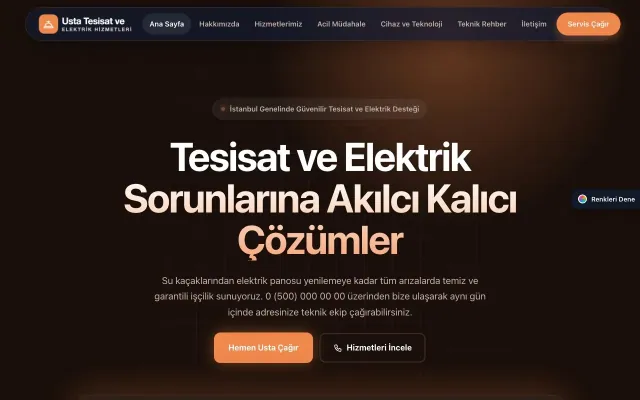 Tesisat ve Elektrik için Koyu Modern Kahve Turuncu – Tesisat ve Elektrik Web Sitesi ana sayfa görünümü