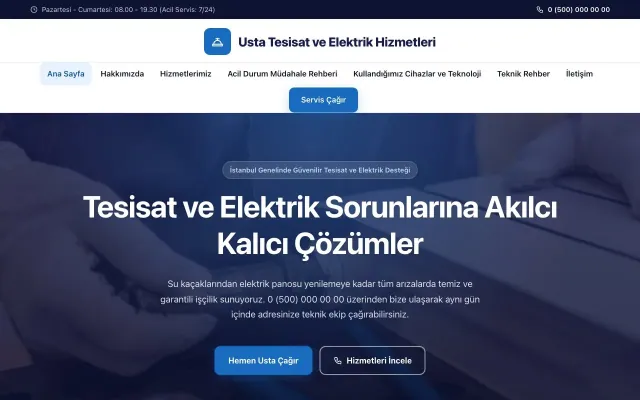 Tesisat ve Elektrik için Merkez Lacivert Mavi – Tesisat ve Elektrik Web Sitesi ana sayfa görünümü