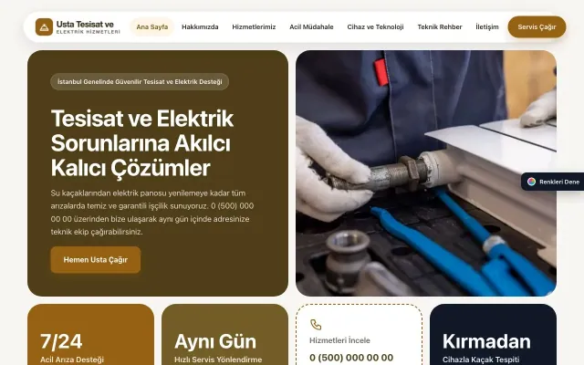 Tesisat ve Elektrik için Mozaik Kahve Turuncu – Tesisat ve Elektrik Web Sitesi ana sayfa görünümü