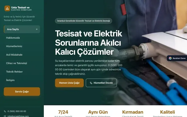 Tesisat ve Elektrik için Sol Menü Petrol Turuncu – Tesisat ve Elektrik Web Sitesi ana sayfa görünümü