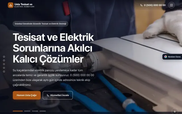 Tesisat ve Elektrik için Tam Ekran Zeytin Turuncu – Tesisat ve Elektrik Web Sitesi ana sayfa görünümü