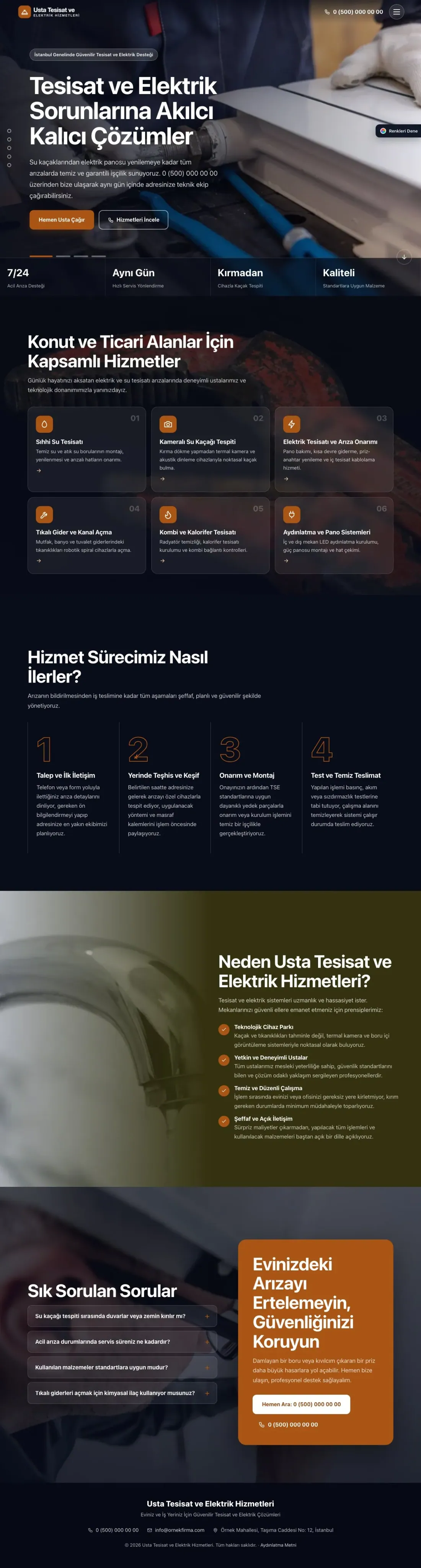 Tesisat ve Elektrik için Tam Ekran Zeytin Turuncu – Tesisat ve Elektrik Web Sitesi ana sayfa görünümü