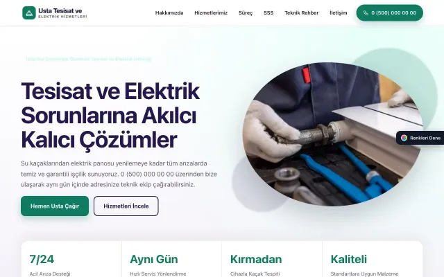 Tesisat ve Elektrik için Tek Sayfa Mor Turkuaz – Tesisat ve Elektrik Web Sitesi ana sayfa görünümü