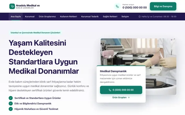 Bölünmüş Lacivert Turkuaz – Tıbbi Cihaz ve Medikal Web Sitesi ana sayfa görünümü