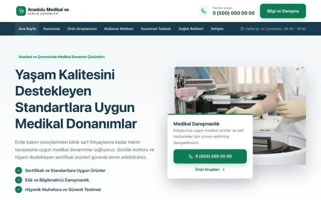 Bölünmüş Mavi Turkuaz – Tıbbi Cihaz ve Medikal Web Sitesi ana sayfa görünümü