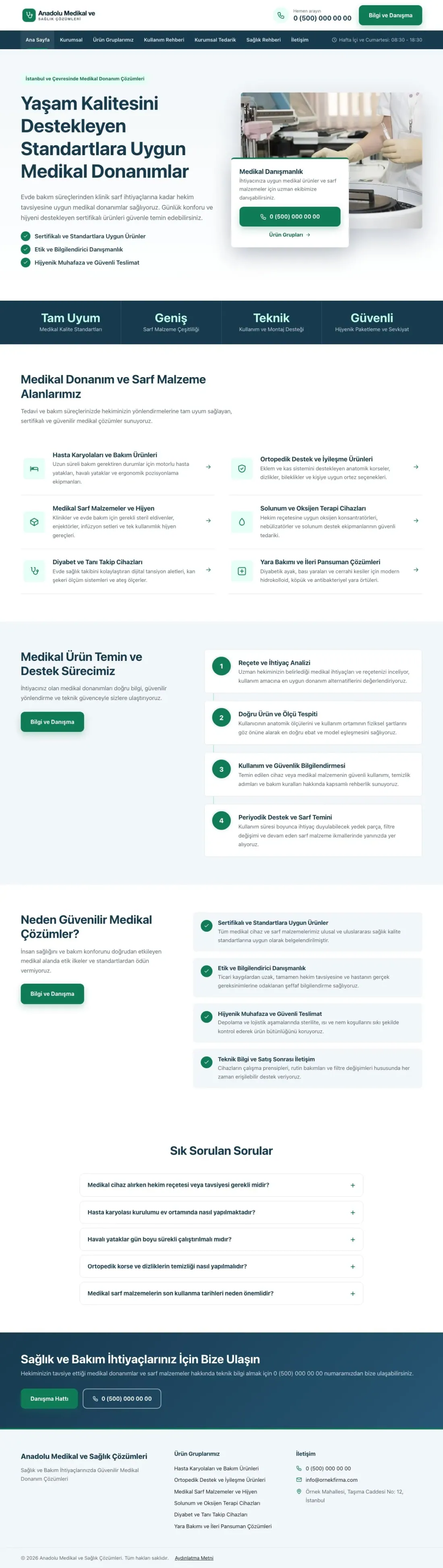 Bölünmüş Mavi Turkuaz – Tıbbi Cihaz ve Medikal Web Sitesi ana sayfa görünümü