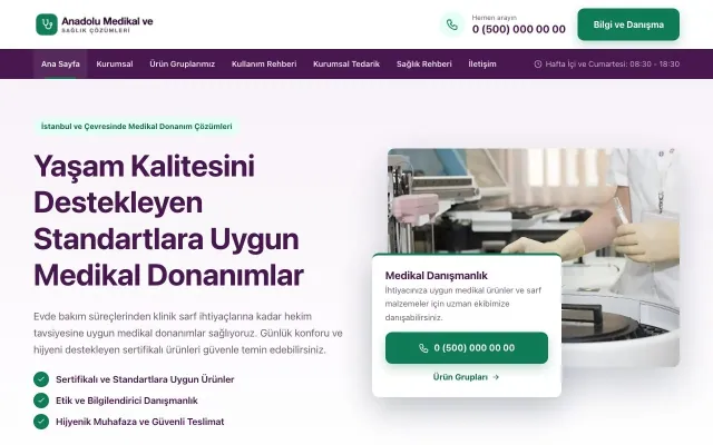 Bölünmüş Mor Turkuaz – Tıbbi Cihaz ve Medikal Web Sitesi ana sayfa görünümü