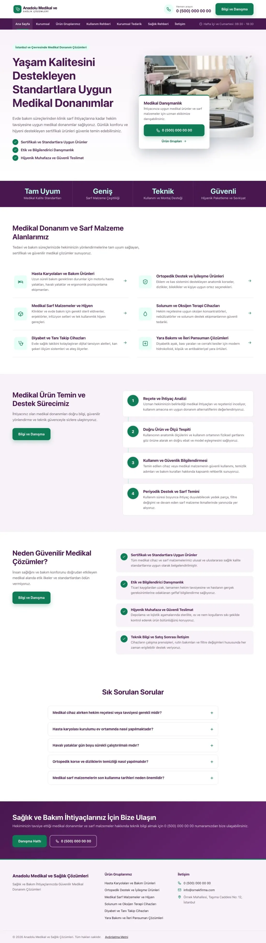 Bölünmüş Mor Turkuaz – Tıbbi Cihaz ve Medikal Web Sitesi ana sayfa görünümü