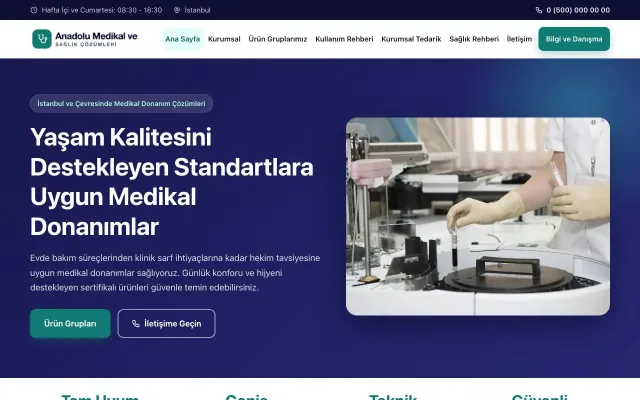 Klasik Lacivert Turkuaz – Tıbbi Cihaz ve Medikal Web Sitesi ana sayfa görünümü