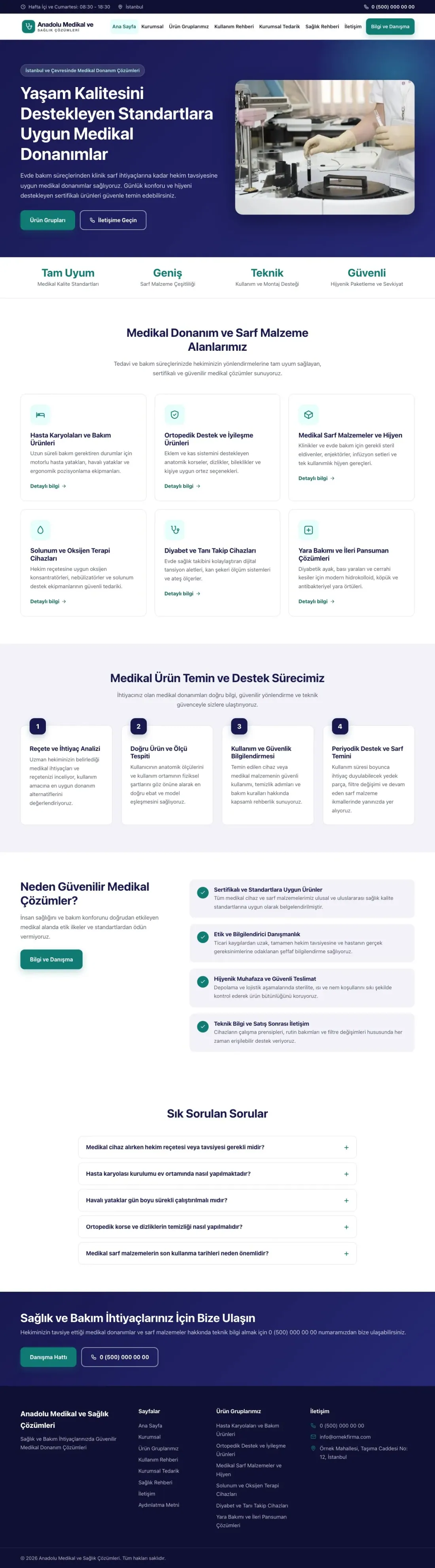Klasik Lacivert Turkuaz – Tıbbi Cihaz ve Medikal Web Sitesi ana sayfa görünümü