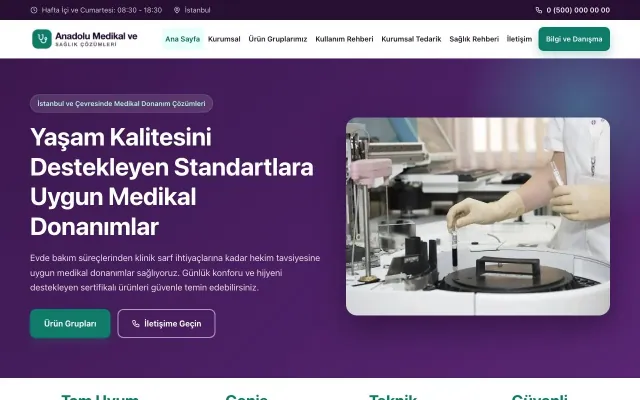 Klasik Mor Turkuaz – Tıbbi Cihaz ve Medikal Web Sitesi ana sayfa görünümü