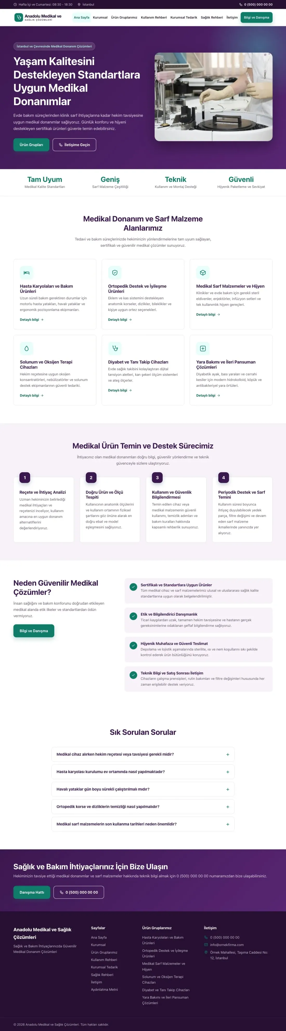 Klasik Mor Turkuaz – Tıbbi Cihaz ve Medikal Web Sitesi ana sayfa görünümü