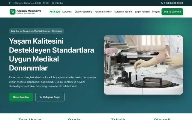 Klasik Petrol Yeşil – Tıbbi Cihaz ve Medikal Web Sitesi ana sayfa görünümü