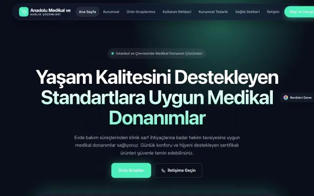 Tıbbi Cihaz ve Medikal için Koyu Modern Lacivert Turkuaz – Tıbbi Cihaz ve Medikal Web Sitesi ana sayfa görünümü
