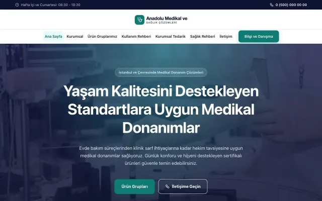 Merkez Lacivert Turkuaz – Tıbbi Cihaz ve Medikal Web Sitesi ana sayfa görünümü