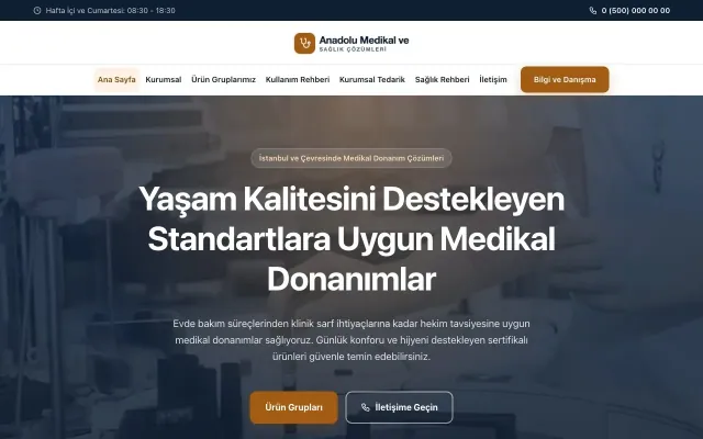 Merkez Mavi Turuncu – Tıbbi Cihaz ve Medikal Web Sitesi ana sayfa görünümü