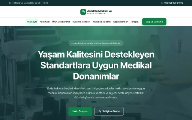 Merkez Petrol Yeşil – Tıbbi Cihaz ve Medikal Web Sitesi ana sayfa görünümü