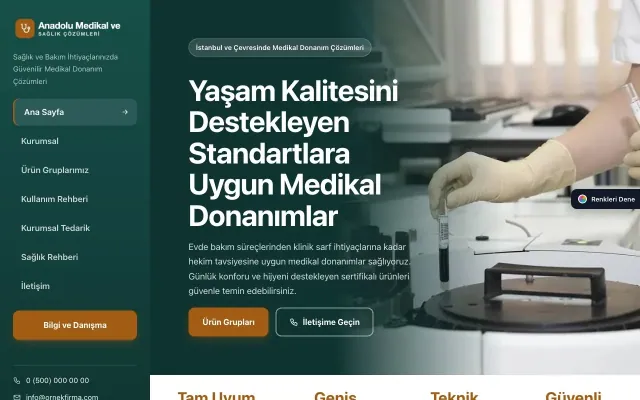 Tıbbi Cihaz ve Medikal için Sol Menü Petrol Turuncu – Tıbbi Cihaz ve Medikal Web Sitesi ana sayfa görünümü
