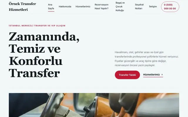 Transfer ve VIP için Editoryal Mavi Kırmızı – Transfer ve VIP Web Sitesi ana sayfa görünümü