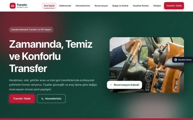 Transfer ve VIP için Hareketli Petrol Kırmızı – Transfer ve VIP Web Sitesi ana sayfa görünümü