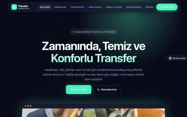 Transfer ve VIP için Koyu Modern Lacivert Turkuaz – Transfer ve VIP Web Sitesi ana sayfa görünümü