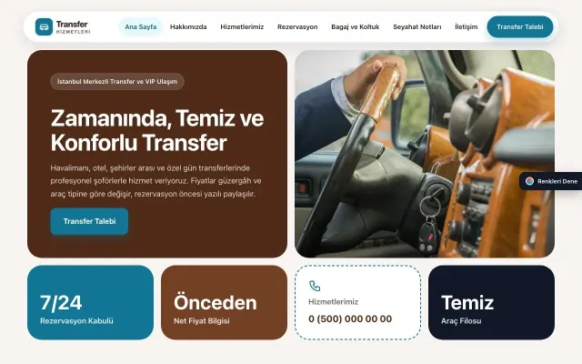 Transfer ve VIP için Mozaik Kahve Turkuaz – Transfer ve VIP Web Sitesi ana sayfa görünümü