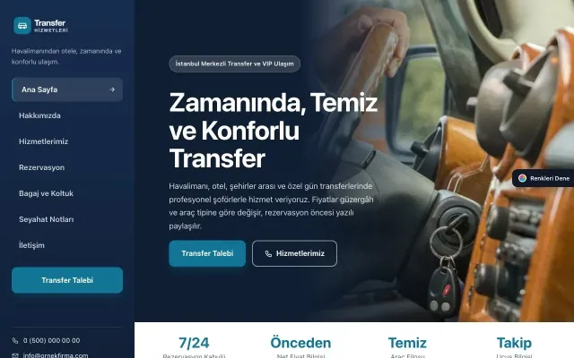 Transfer ve VIP için Sol Menü Mavi Turkuaz – Transfer ve VIP Web Sitesi ana sayfa görünümü