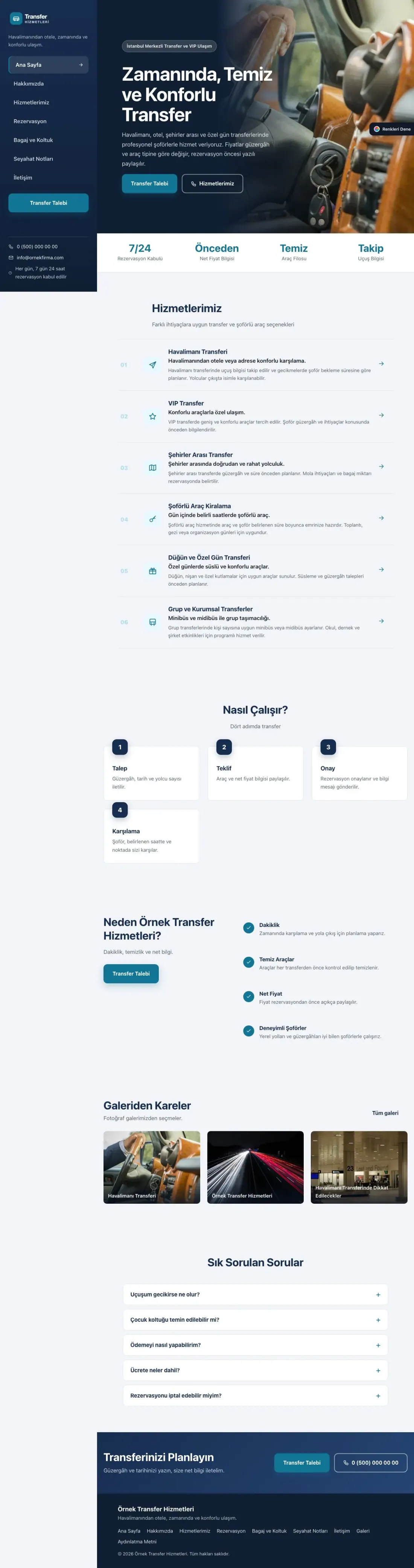 Transfer ve VIP için Sol Menü Mavi Turkuaz – Transfer ve VIP Web Sitesi ana sayfa görünümü