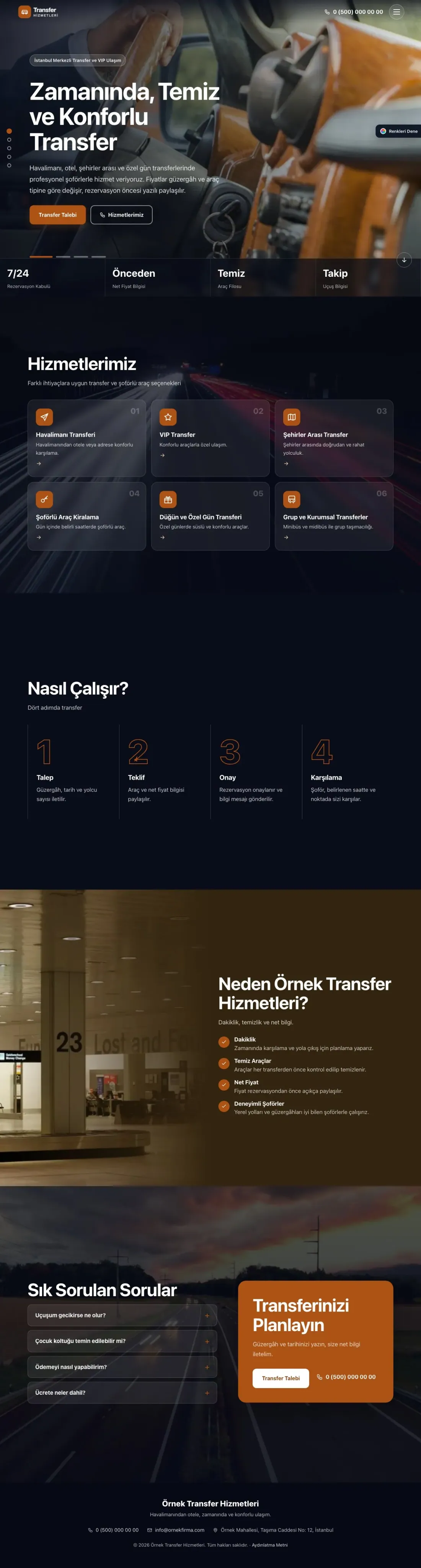 Transfer ve VIP için Tam Ekran Kahve Turuncu – Transfer ve VIP Web Sitesi ana sayfa görünümü