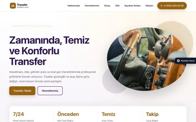 Transfer ve VIP için Tek Sayfa Mor Turuncu – Transfer ve VIP Web Sitesi ana sayfa görünümü
