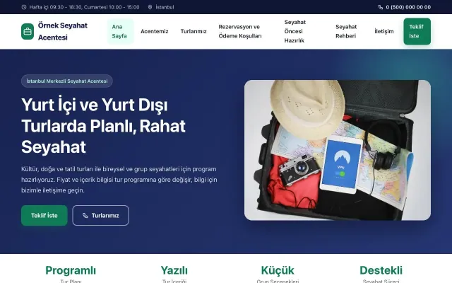 Tur ve Seyahat Acentesi için Klasik Lacivert Turkuaz – Tur ve Seyahat Acentesi Web Sitesi ana sayfa görünümü