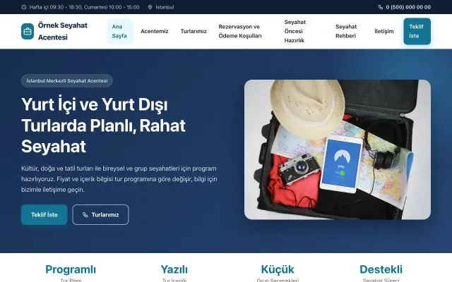 Tur ve Seyahat Acentesi için Klasik Mavi Turkuaz – Tur ve Seyahat Acentesi Web Sitesi ana sayfa görünümü