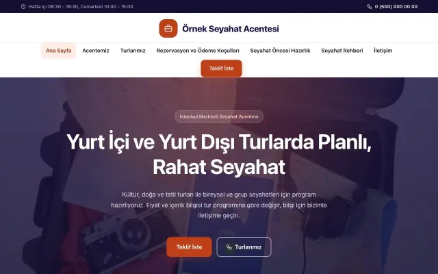Tur ve Seyahat Acentesi için Merkez Lacivert Turuncu – Tur ve Seyahat Acentesi Web Sitesi ana sayfa görünümü