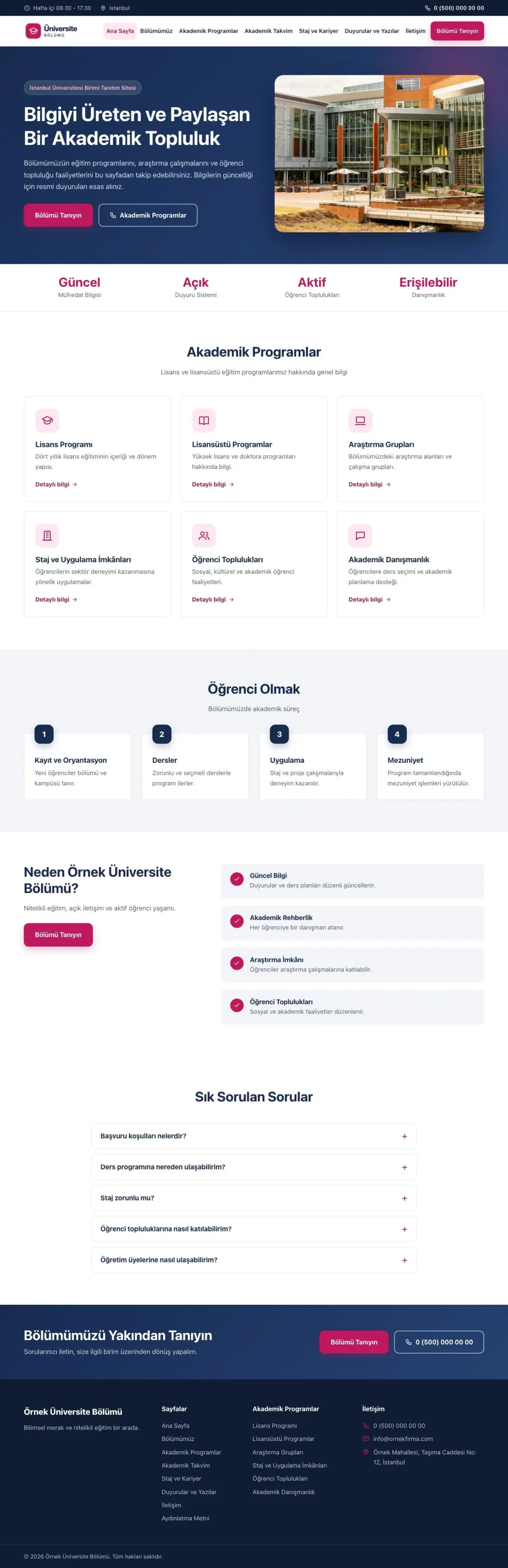 Klasik Mavi Pembe – Üniversite Birimi Web Sitesi ana sayfa görünümü