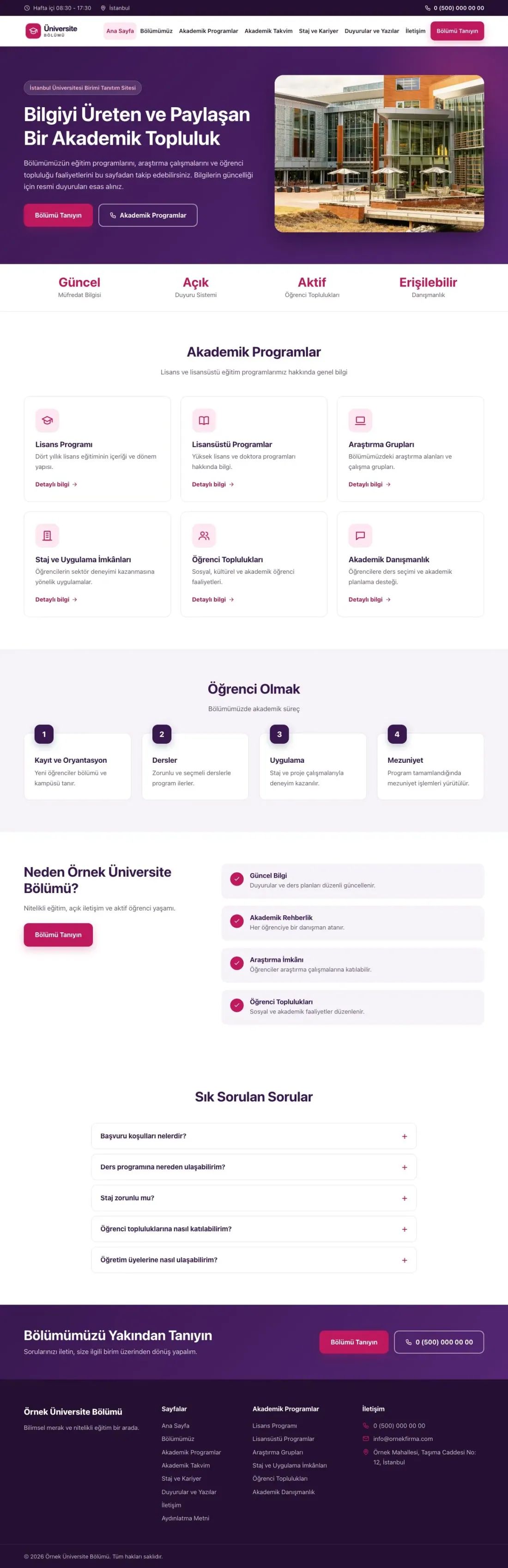 Klasik Mor Pembe – Üniversite Birimi Web Sitesi ana sayfa görünümü