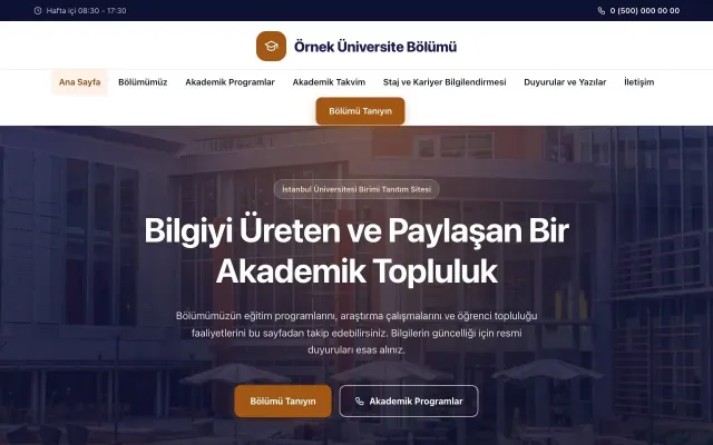 Üniversite Birimi için Merkez Lacivert Turuncu – Üniversite Birimi Web Sitesi ana sayfa görünümü