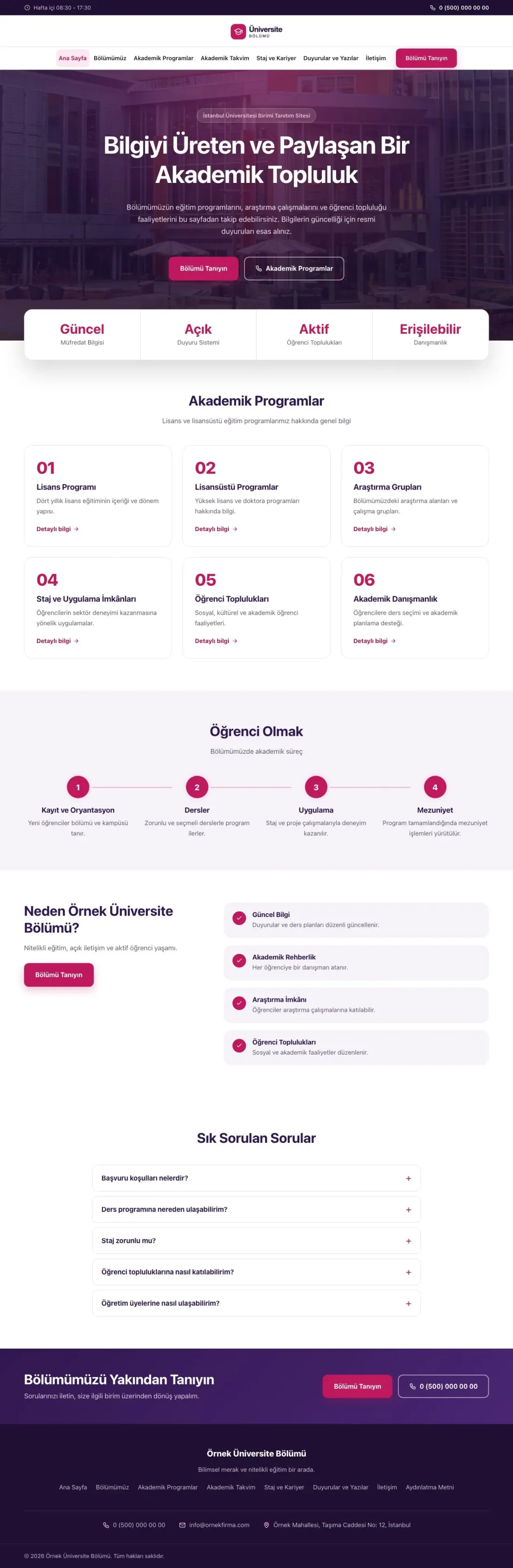 Merkez Mor Pembe – Üniversite Birimi Web Sitesi ana sayfa görünümü